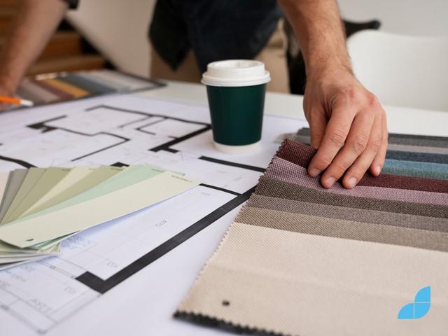 Designer touching fabric samples in a workstation table with floor plans, samples and a coffee mug