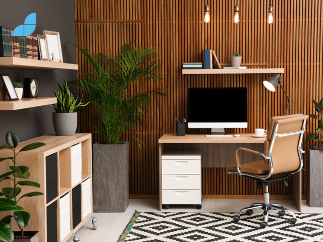 An office design with wood and white desk white and black wood cabinet, wood shelves, plants and lamps. 