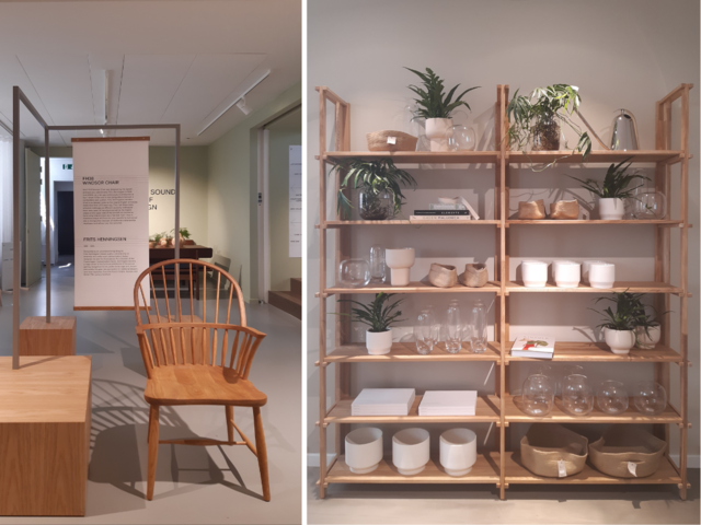 Left: A wood chair and table. Right: A wood bookcase with several plants and vases.
