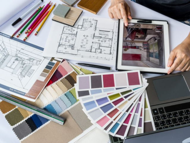 A picture containing interior design supplies, laptop, colour palette, and floor plans. 