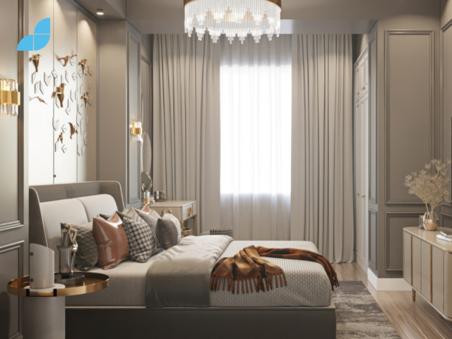 luxury bedroom design with a bed, pillows, gold bedside table and chest of drawers