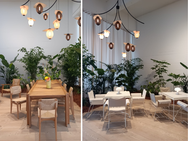 Left: Sustainable dining room design with several plants. Right: Sustainable commercial/hospitality design with several plants. 
