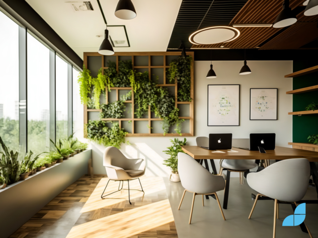 A meeting room/office design with sustainable design. 